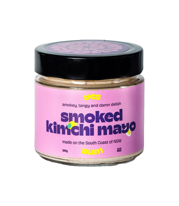 Jar of smoked kimchi mayo with pink label on a white background