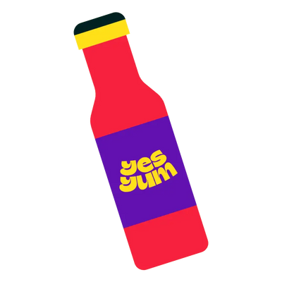 Illustration of a bottle with 'yes yum' text on a white background